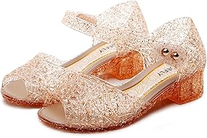 TANDEFLY Princess Jelly Flats for Girls - Sparkly Dress Up Sandals for Birthday Party, Snow Queen Cosplay, Toddler & Kids (Ages 3-8) | Lightweight Ballet Heels for Little Girls