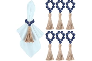 Meplait 6 Pieces Wooden Bead Napkin Rings, Farmhouse Stretchable Napkin Rings with Tassel Boho Napkin Rings for Dining Table,Wedding Decoration (Navy Blue)