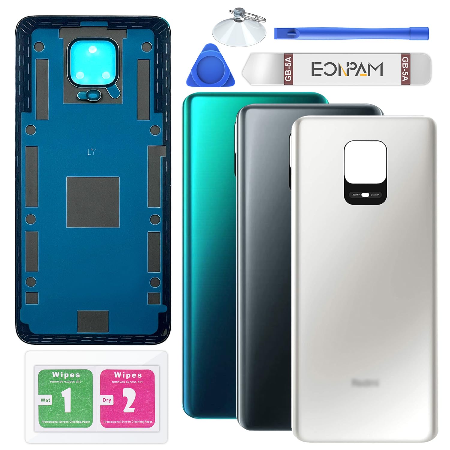 Eonpam Back Cover Glass for Xiaomi Redmi Note 9S Rear Glass Replacement with Repair Kit Genuine Rear Housing (Glacier White)