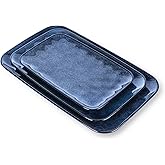 vicrays Ceramic Rectangle Serving Platters - 14" 12" 10" Porcelain Serving Trays Plates for Party BBQ Appetizers Sushi Dessert - Microwave Oven and Dishwasher Safe - Set of 3 Blue