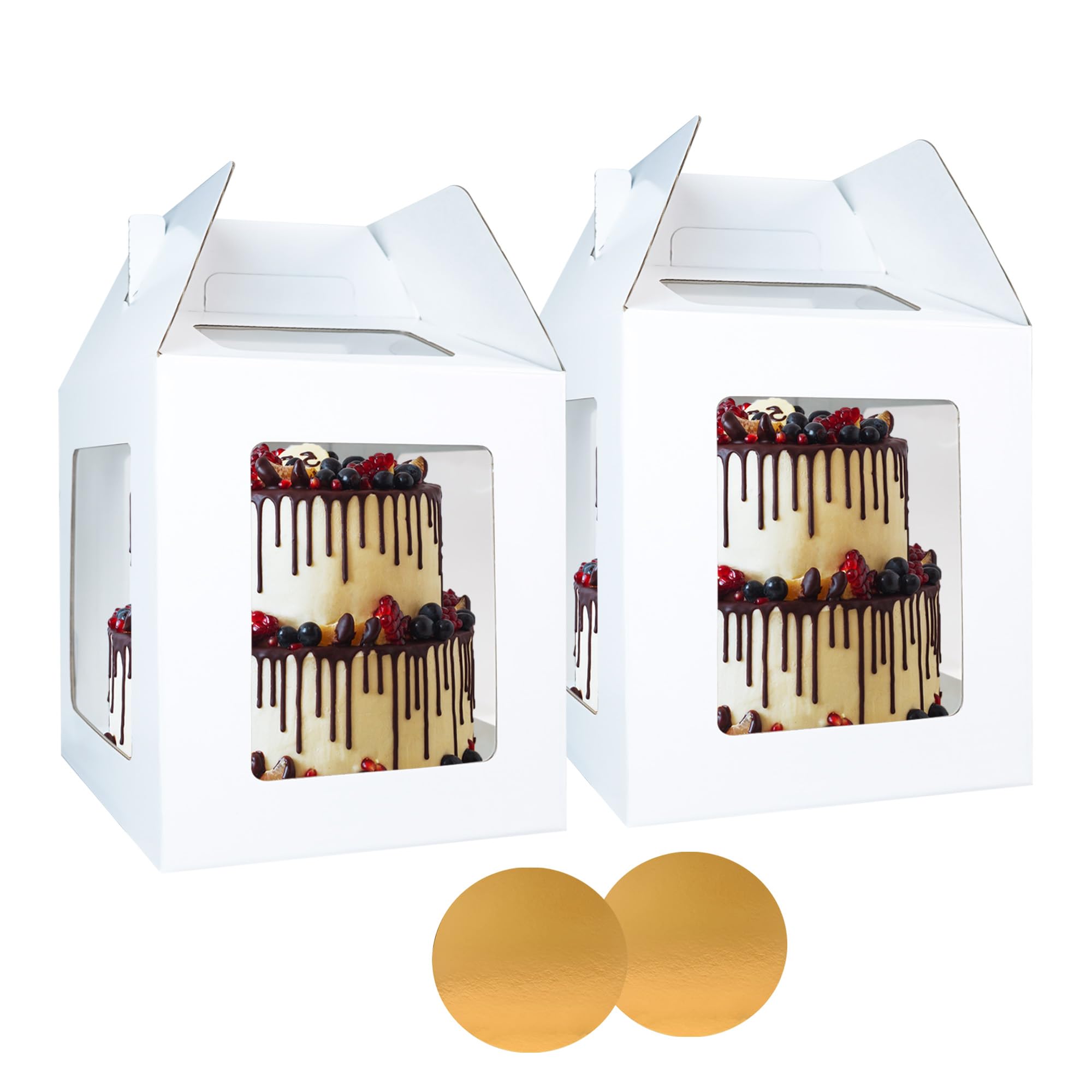 Photo 1 of Yeplan 2 Packs Tall Cake Box with Cake Board,12x12x14 Inches Large Tiered Cake Carriers with Clear Windows and Handle, Cake Containers for Birthday, Wedding, Party and Festival