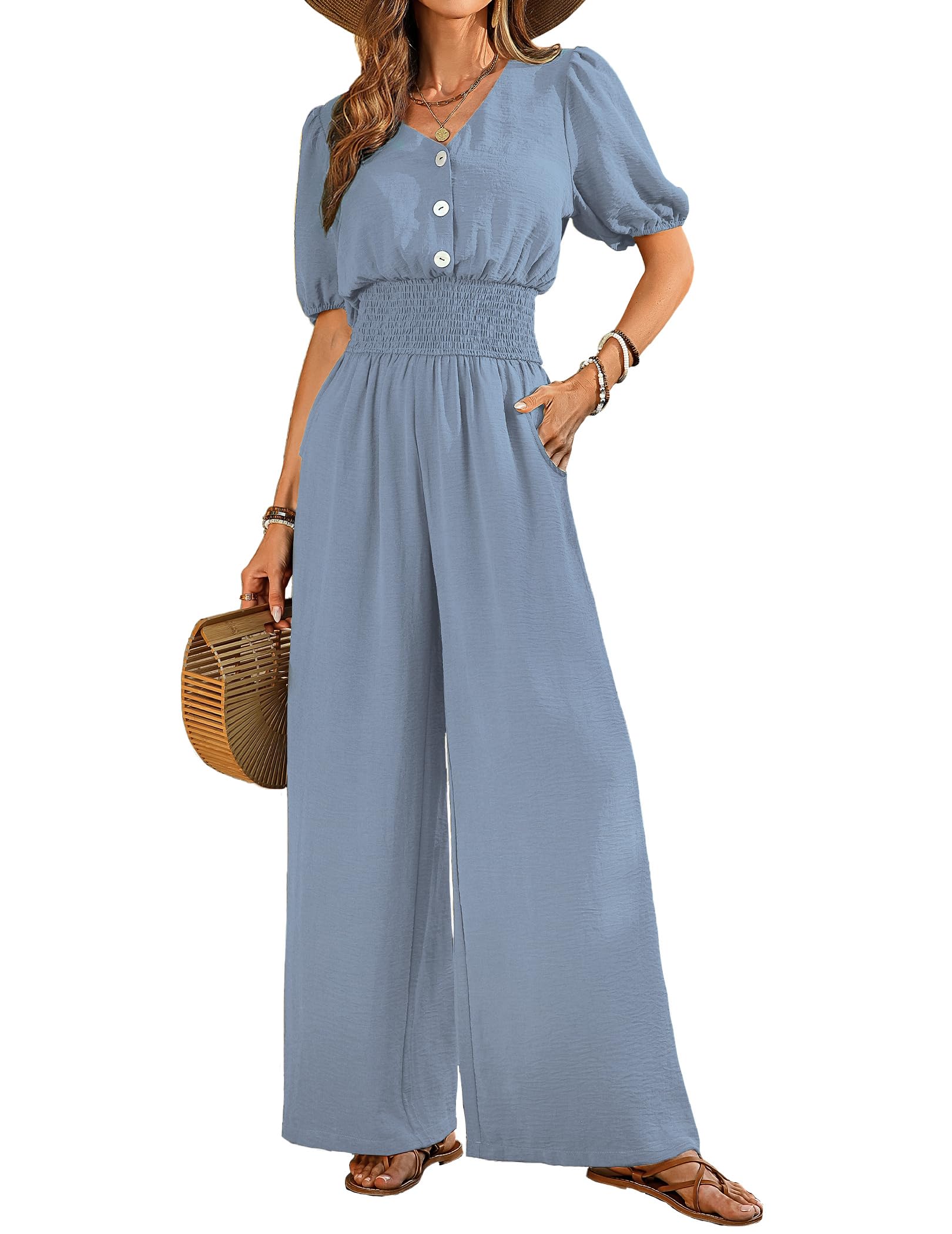 Photo 1 of LOOKBOHO Dressy Jumpsuits for Women Formal V Neck Short Sleeves Wide Leg Rompers Puff Smocked High Waist One Piece Blue M
