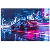 FeoYoed Wall Art Posters Jdm Car R34 in Rainy Night Neon City Scene Modern Aesthetic Decor Prints for Bedroom Living Room Office with Premium Fade Resistant Canvas 12x18inch(30x45cm)