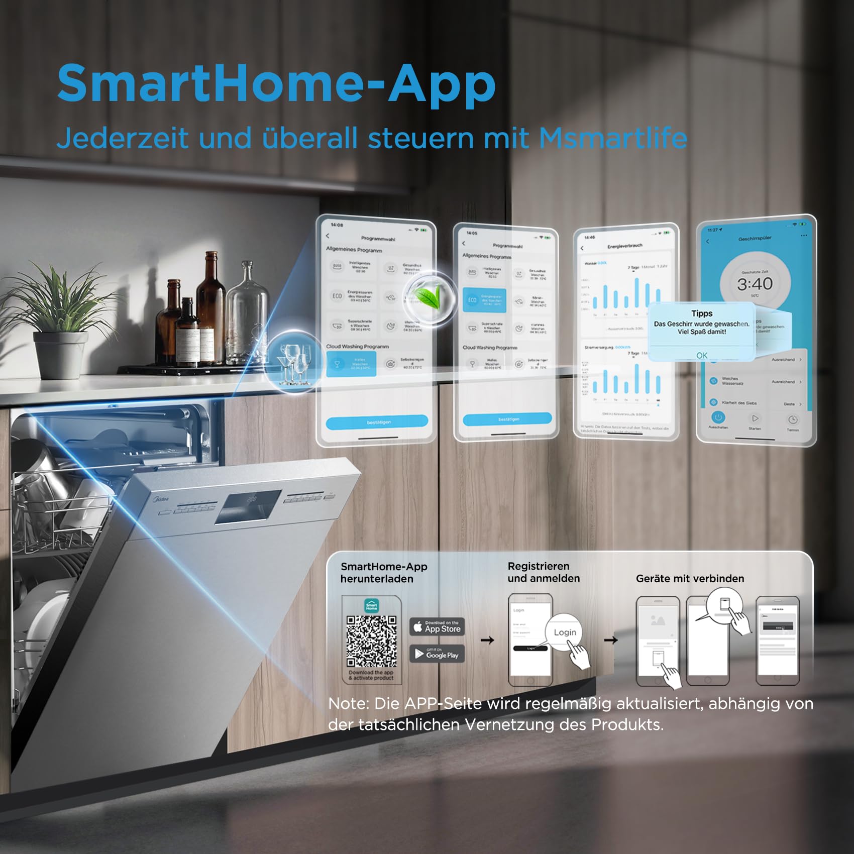 Midea SU 5.35X14CS Geschirrspüler Unterbau, 14 MGD, Spülmaschine 60 cm, Home Connect, Hygienepflege+, Maschinenpflege+, Extra Trocknung, Halbe Beladung, 44 db, Startverzögerung, Edelstahl 7