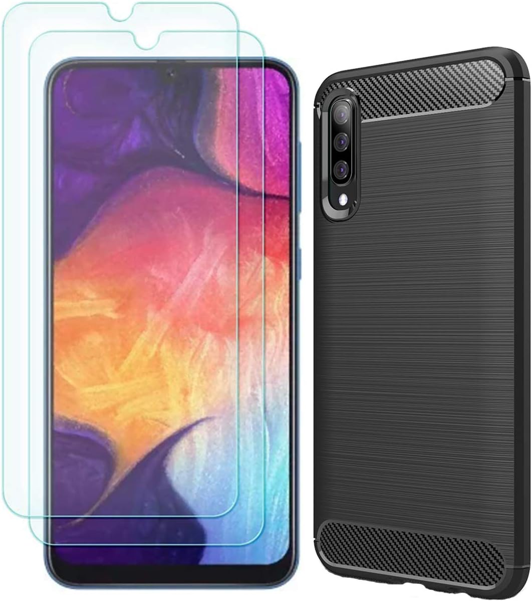MYLBOO Compatible with for Samsung Galaxy A50/A50S/A30S Case,[3 in 1] Soft Slim Flex TPU Silicone Phone Case + [2 Pack] 9H Tempered Glass [Anti-Scratch] for Galaxy A50/A50S/A30S (Black)