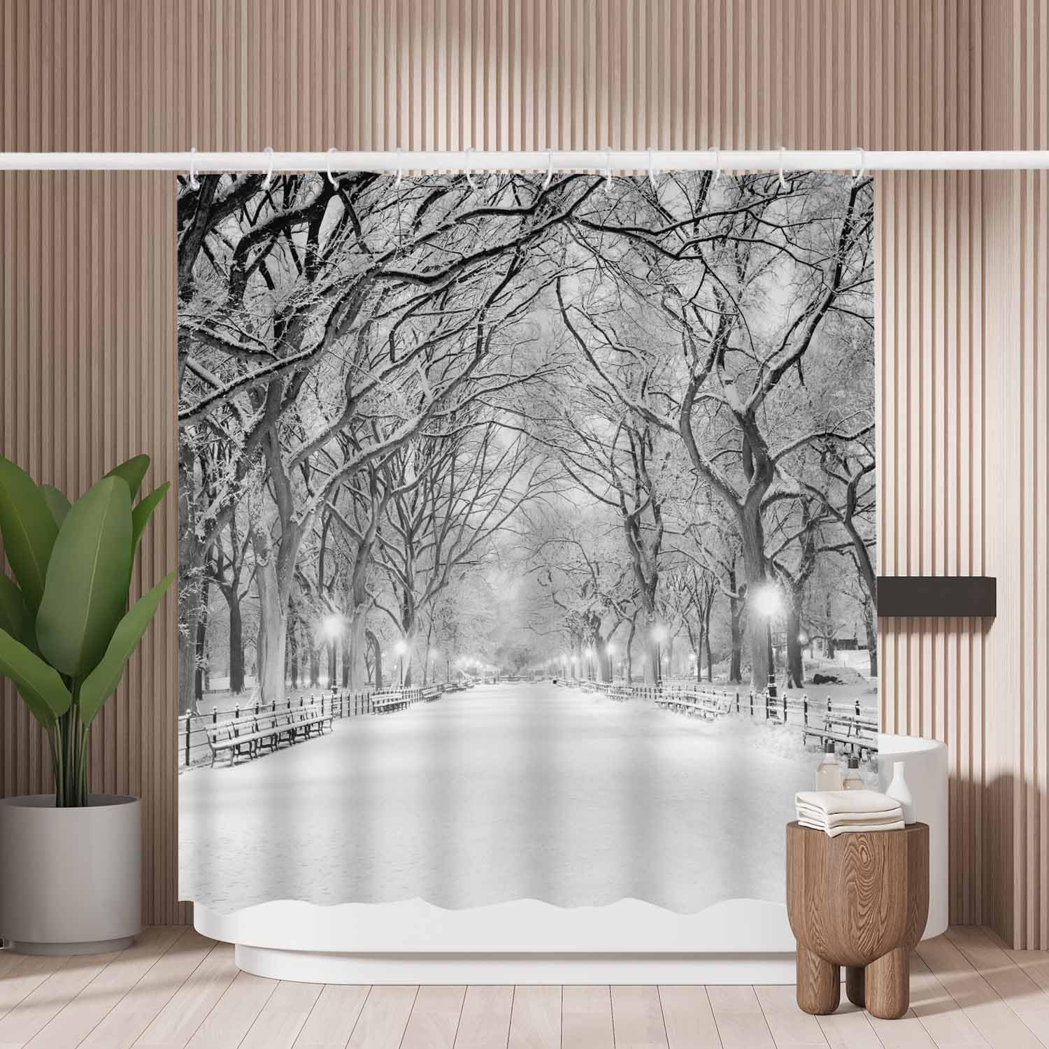 Woutay Shower Curtain Mould Proof Resistant Winter Street Scenery,Water Repellant Fabric,Polyester,with 12 Plastic Hooks