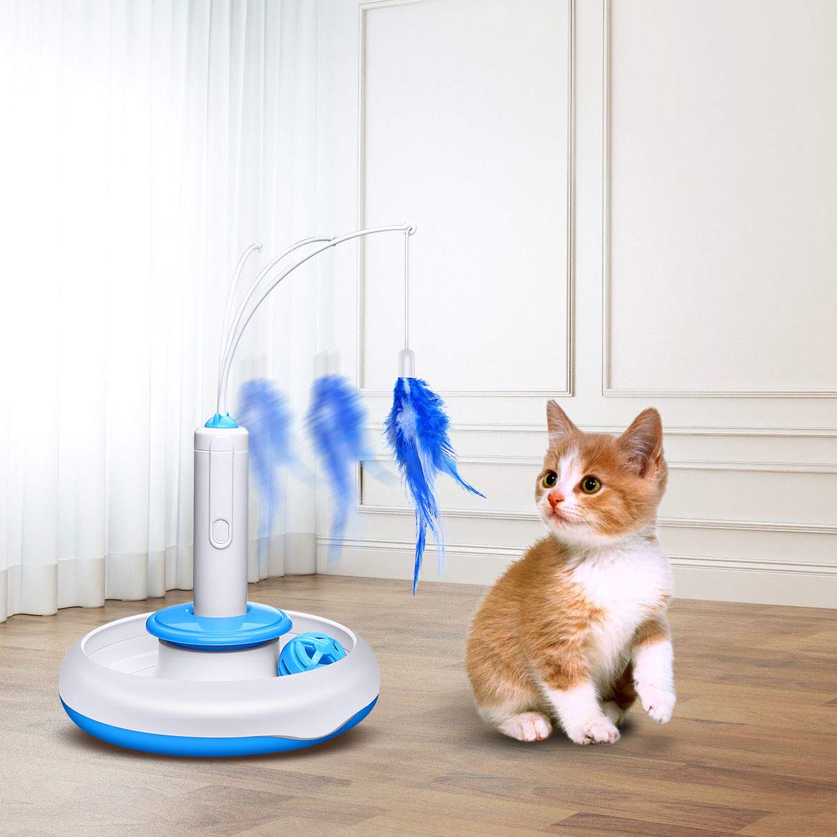 isYoung Cat Teasing Toy, Electric Mute Training Cat Toy Kitten Rotating Teaser Feather, Fun Playing Interactive Smart Game Pet Toy