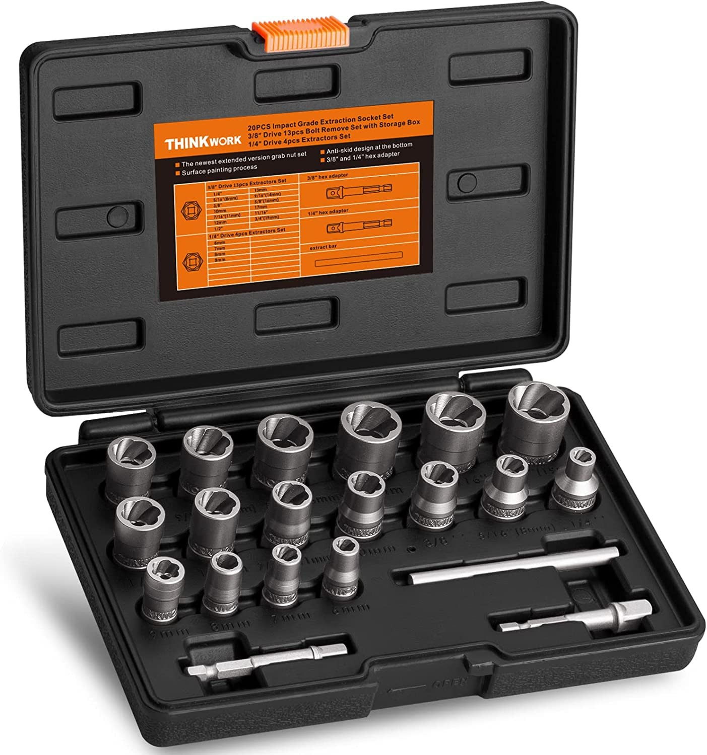 THINKWORK Bolt Extractor Set, 20 Pieces Impact Bolt & Nut Remover Set, Stripped Lug Nut Remover, Extraction Socket Set for Removing Damaged, Frozen, Rusted, Rounded-Off Bolts, Nuts & Screws — image 1