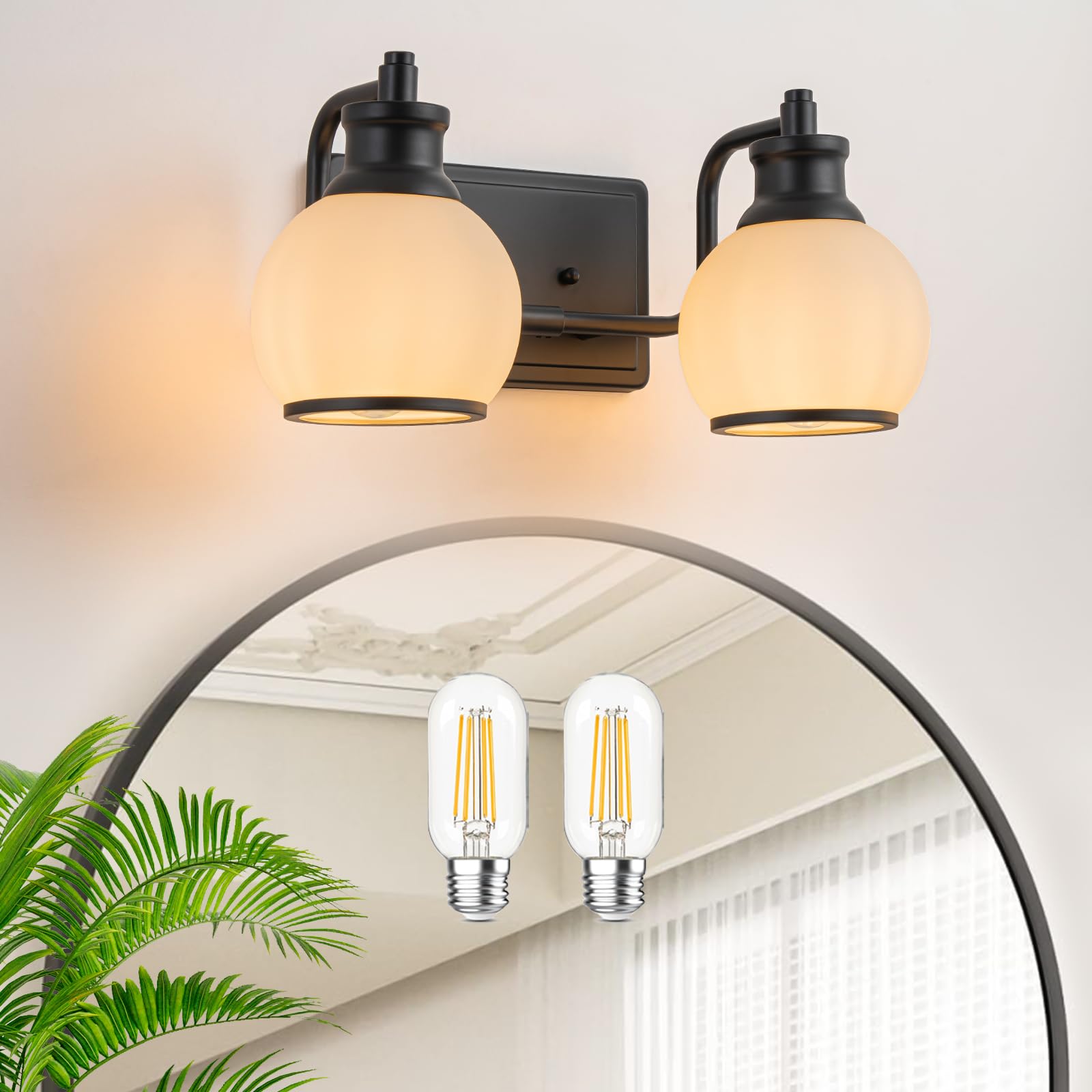Photo 1 of BrkNit 2 Light Modern Bathroom Light Fixtures Over Mirror (LED Bulbs Included), Black Vanity Lights for Bathroom Wall Sconces with Milky White Globe Glass Shades
