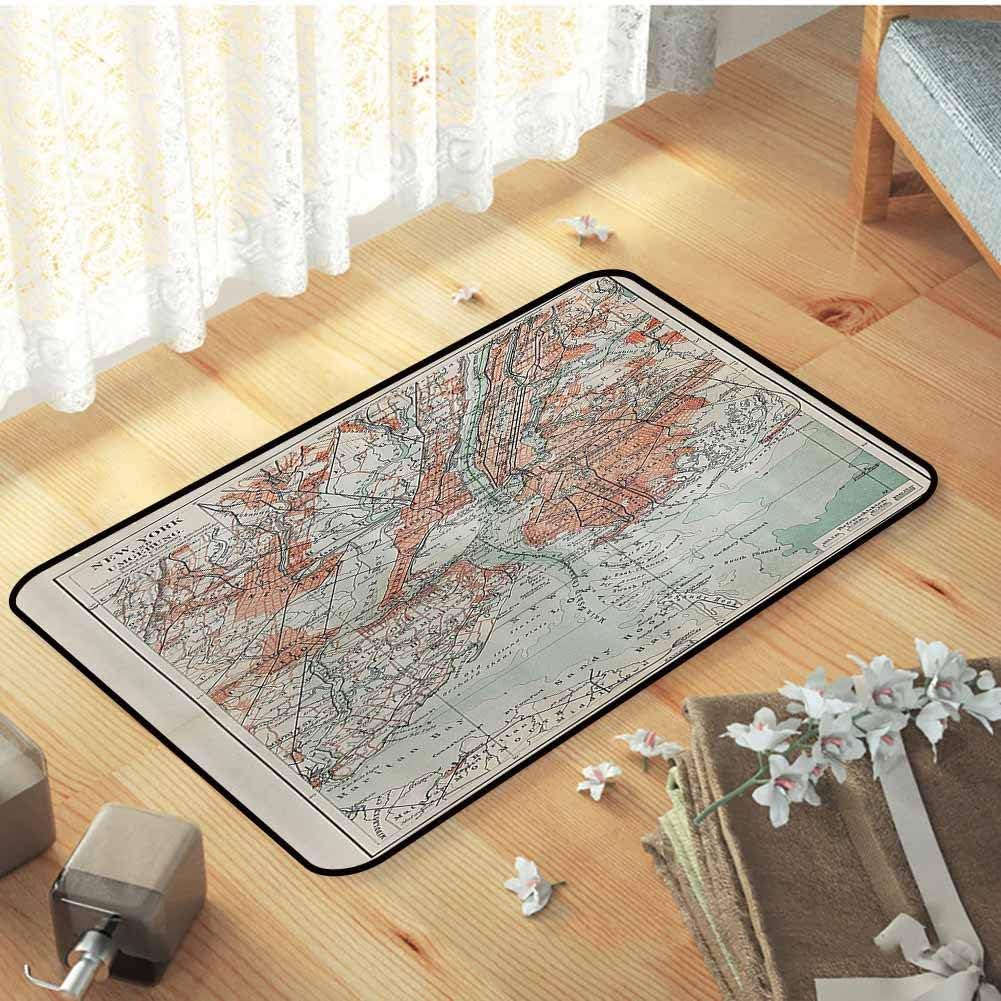 NYC Decor Collection Entrance Mat New York Old Map from The End of 19th Century Antiques History Historical Symbol Bathroom Rug Super Soft and Cozy, W15 x L23 Coral Green Beige