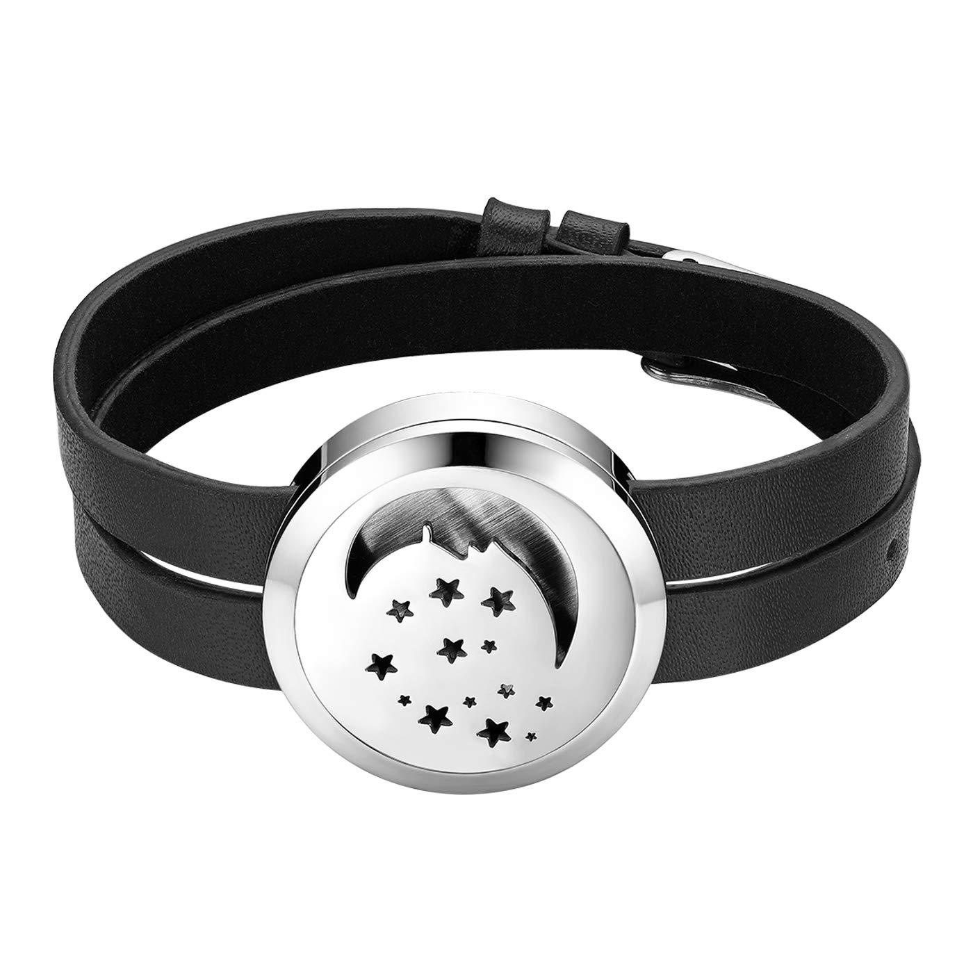 JewelryWe Essential Oil Diffuser Bracelet,Stainless Steel Aromatherapy Locket Bracelets Leather Band with 6 Color Pads,Adjustable Size for Women Girls