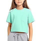 KEREDA Girls Short Sleeve Shirts Crop Tops Crewneck Summer Basic Tees for Kids with Pocket