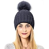 HOKEMP Womens Winter Beanie Hat, Satin Lined Women Hat Faux Fur Pom Pom Beanies Women Warm Knit Hats Warm Cap