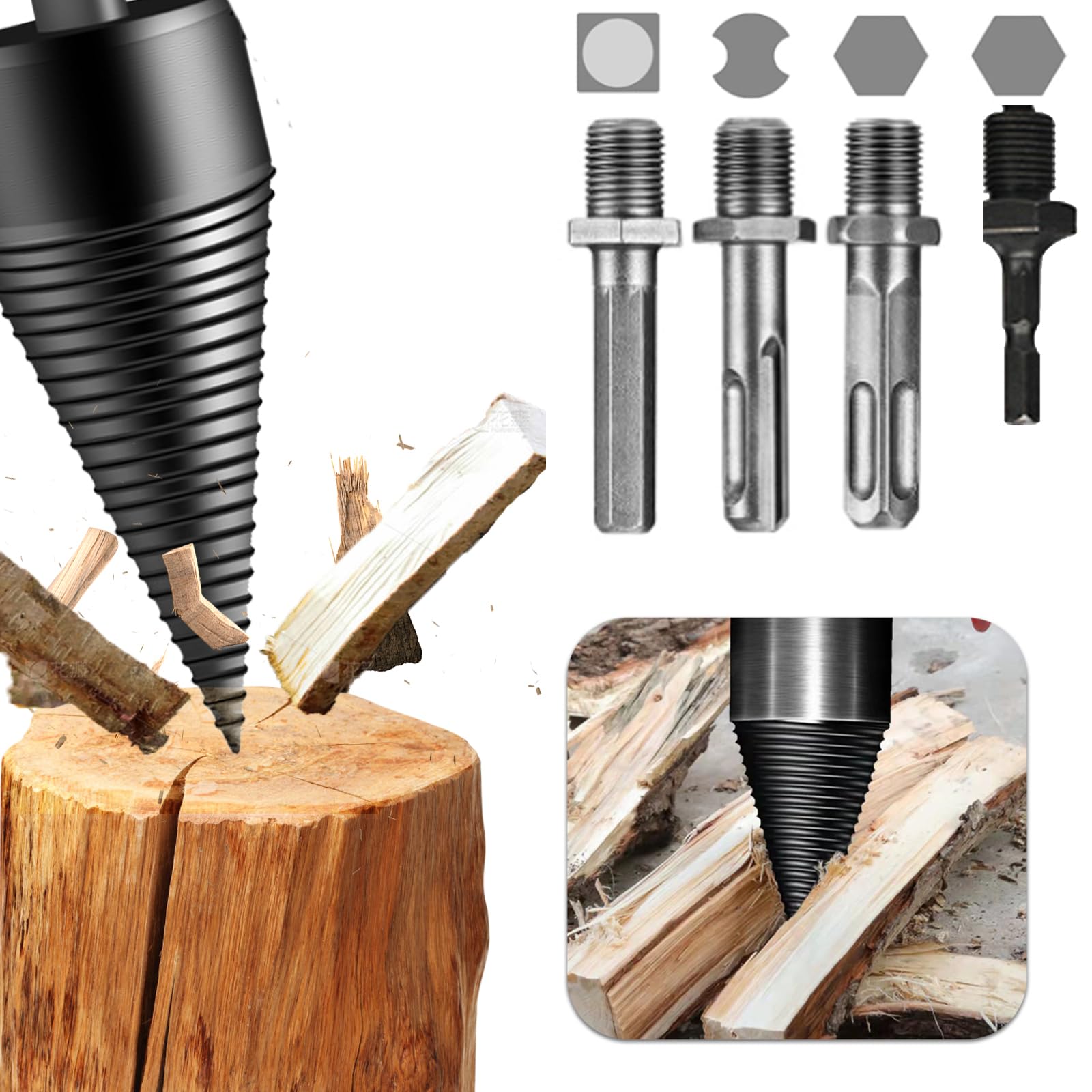Firewood Log Splitter, Wood Splitter Drill Cone 32 mm With 4 Handles - Spiral Screw Cone for Splitting Wood