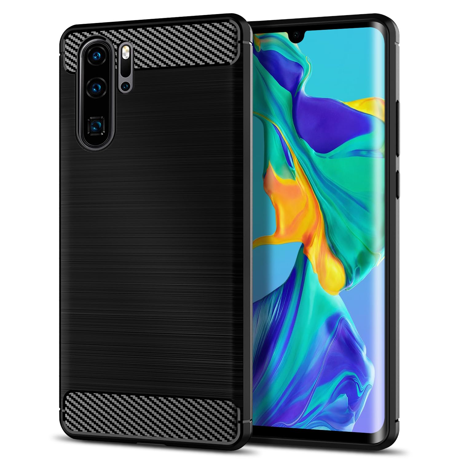 Qiinogow Case Compatible with Huawei P30 Pro, Slim Fit Phone Cover with Shock-Absorption, Carbon Fiber TPU Rubber Protective Case, Black — image 1