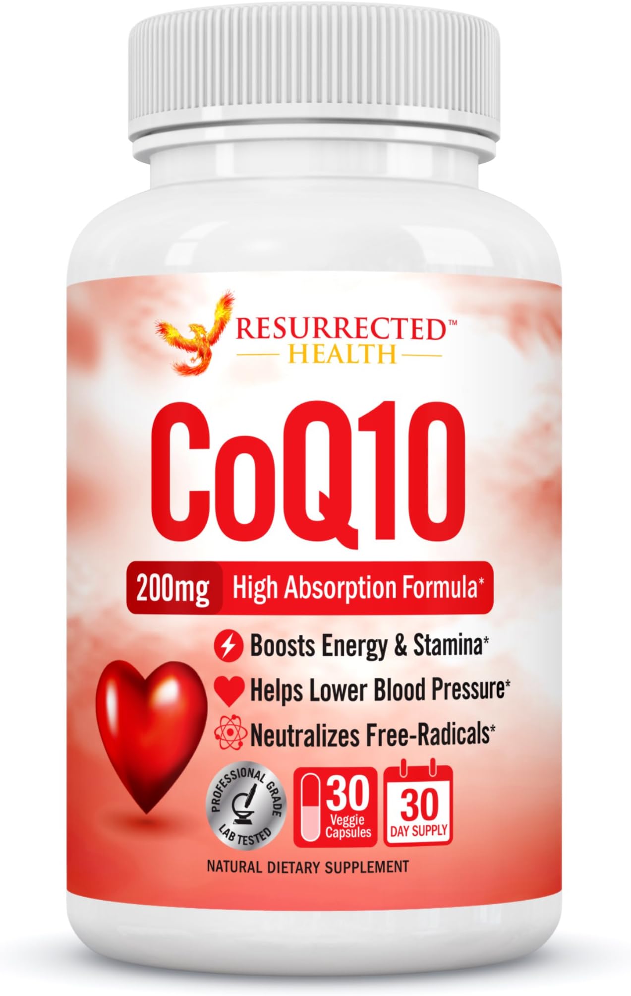 CoQ10 200mg Capsules - High Absorption CoQ10 Ubiquinone Supplement - Promotes Energy & Healthy Blood Pressure - Supports Heart Function & Cardiovascular Health - Vegan Co-Enzyme Q-10 Tablets