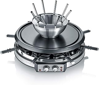 SEVERIN RG 2348 Raclette-Fondue Kombination (ca. 1900 W, XXL-Zuleitung, Inkl. Fondue-Topf aus Edelstahl und 8 Pfännchen)