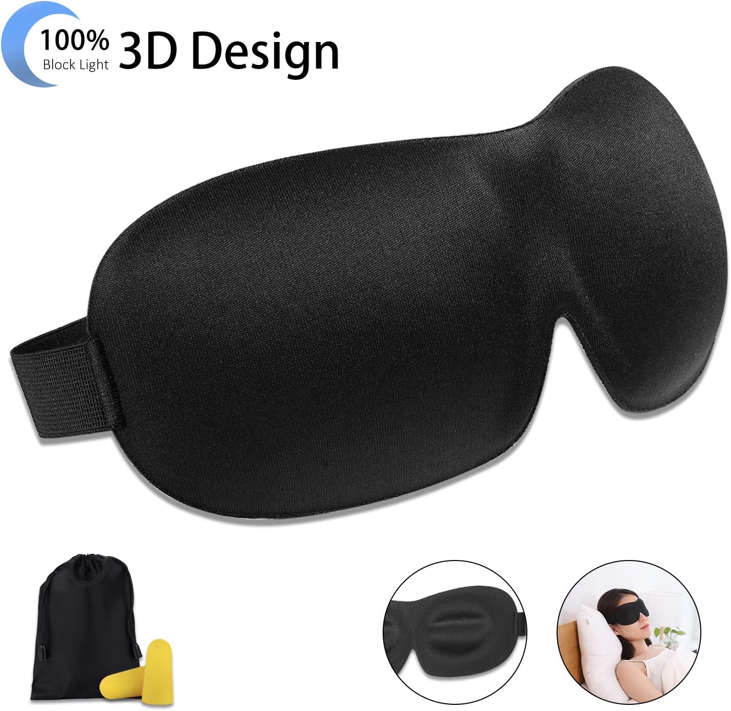Eye Mask, Sleep Mask, JL Comfurni 3D Contoured Comfortable Ultra Soft Skin-Friendly Pure Natural Silk Fabric Black Eye Mask for Sleeping Men and Women (Black)