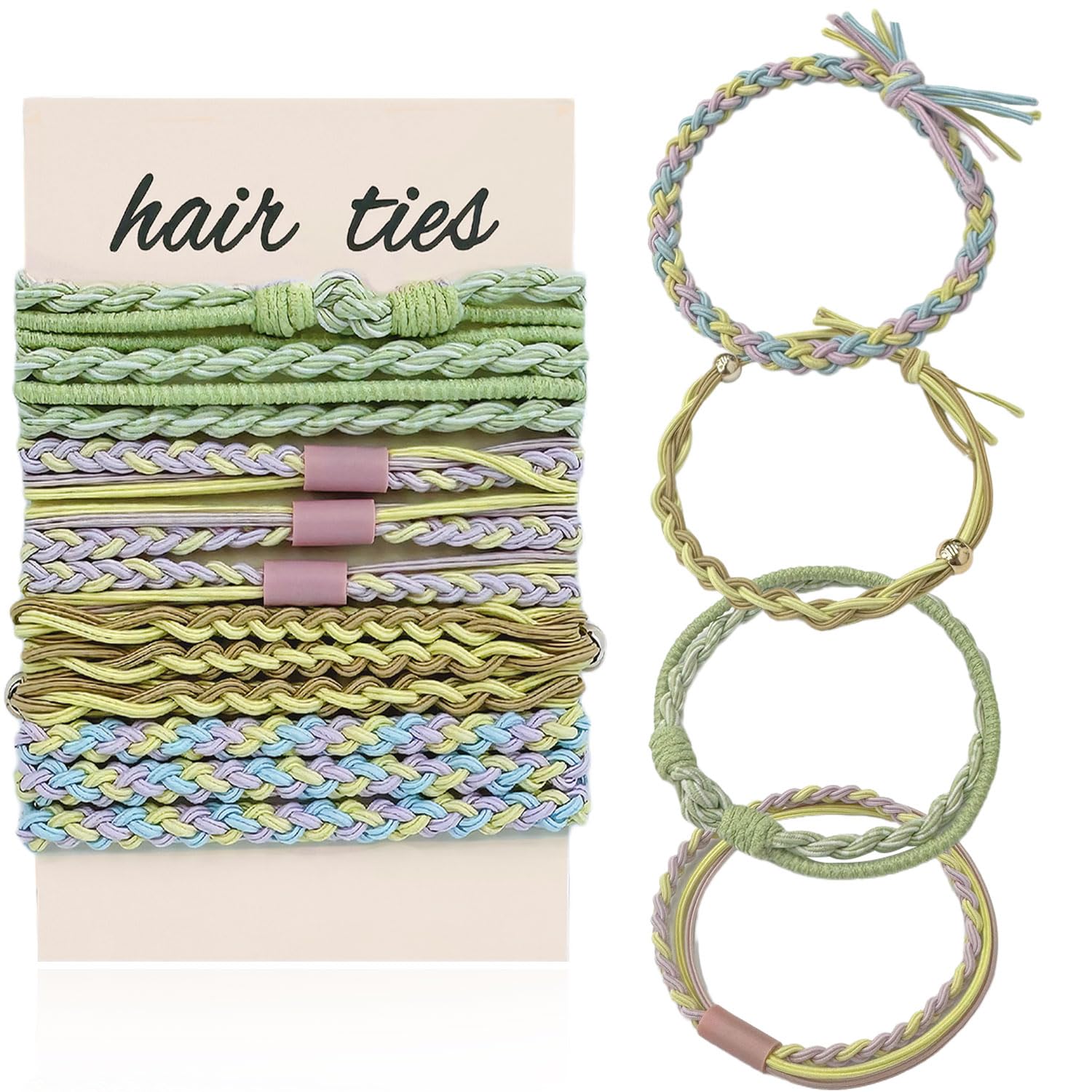 Pack of 12 Boho Hair Ties, Boho Hair Bobbles for Women and Girls Stretch Ponytail Holders with Pearl Elastic Hair Ties Bracelets for Thin Hair/Thick/Medium/Long Hair(Light green series)