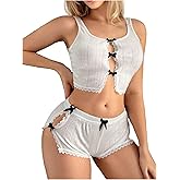 SweatyRocks Women's 2 Piece Pajama Sets Cut Out Bow Lace Trim Cami Tops Shorts Sleepwear