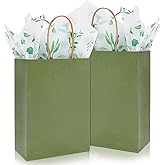 Whaline 16Pcs Sage Green Kraft Paper Bag with 20Pcs Eucalyptus Tissue Paper with Handles Bulk Goody Candy Treat Bag for Baby Shower Birthday Wedding