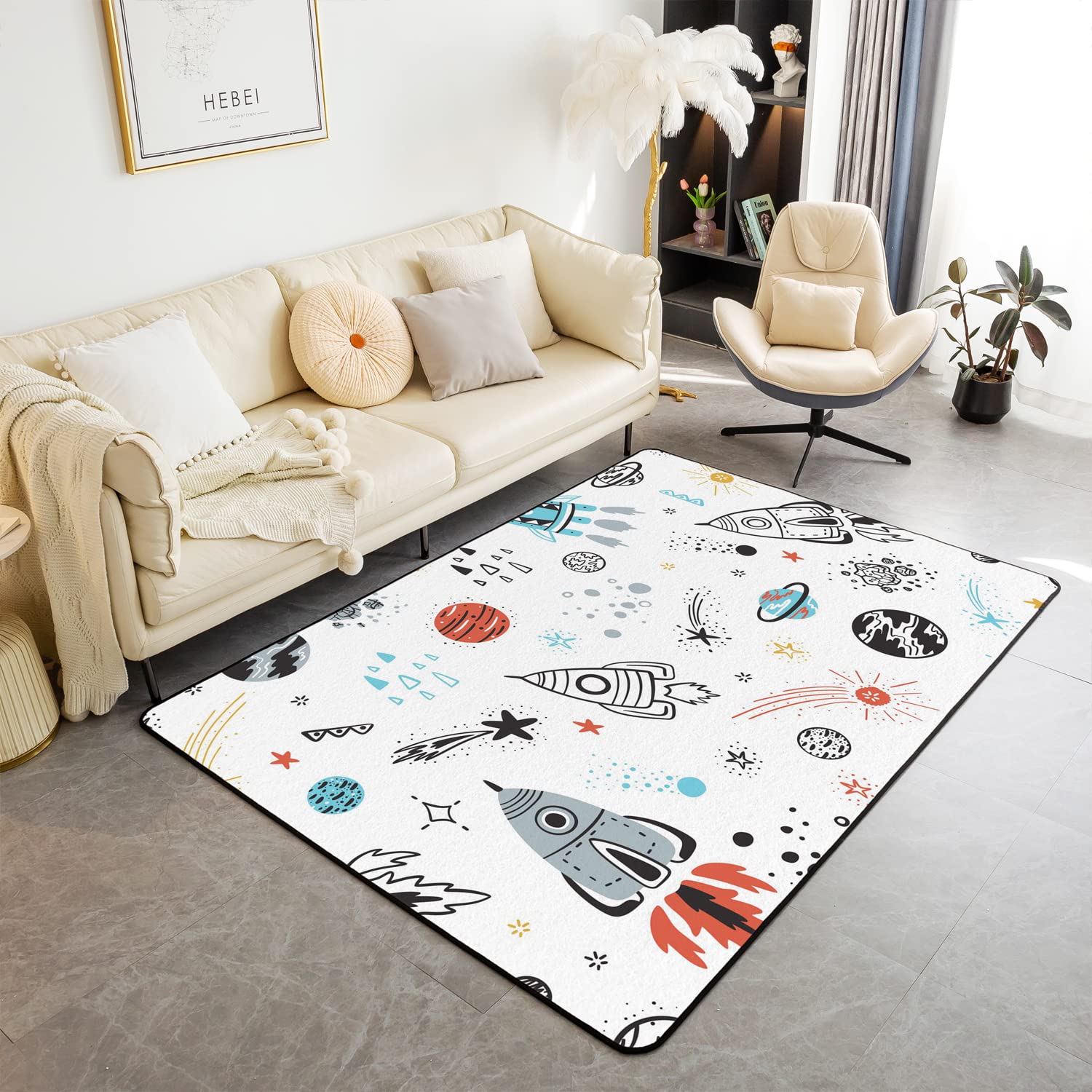 Space Rocket Print Rugs for Living Room Bedroom Non Slip Area Rug Kids Boys Girls Universe Galaxy Carpet Area Rug Carpet for Kitchen 150 * 200cm
