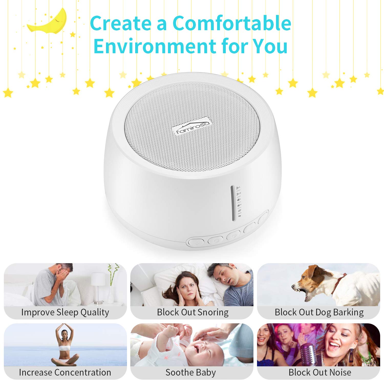 White Noise Sound Machine for Sleeping, FAMIROSA 30 High Fidelity Soothing Sounds with High Quality Speaker, Memory Function & Earphone Jack for Baby, Adult, Office, Travel with Fan & Nature Sounds