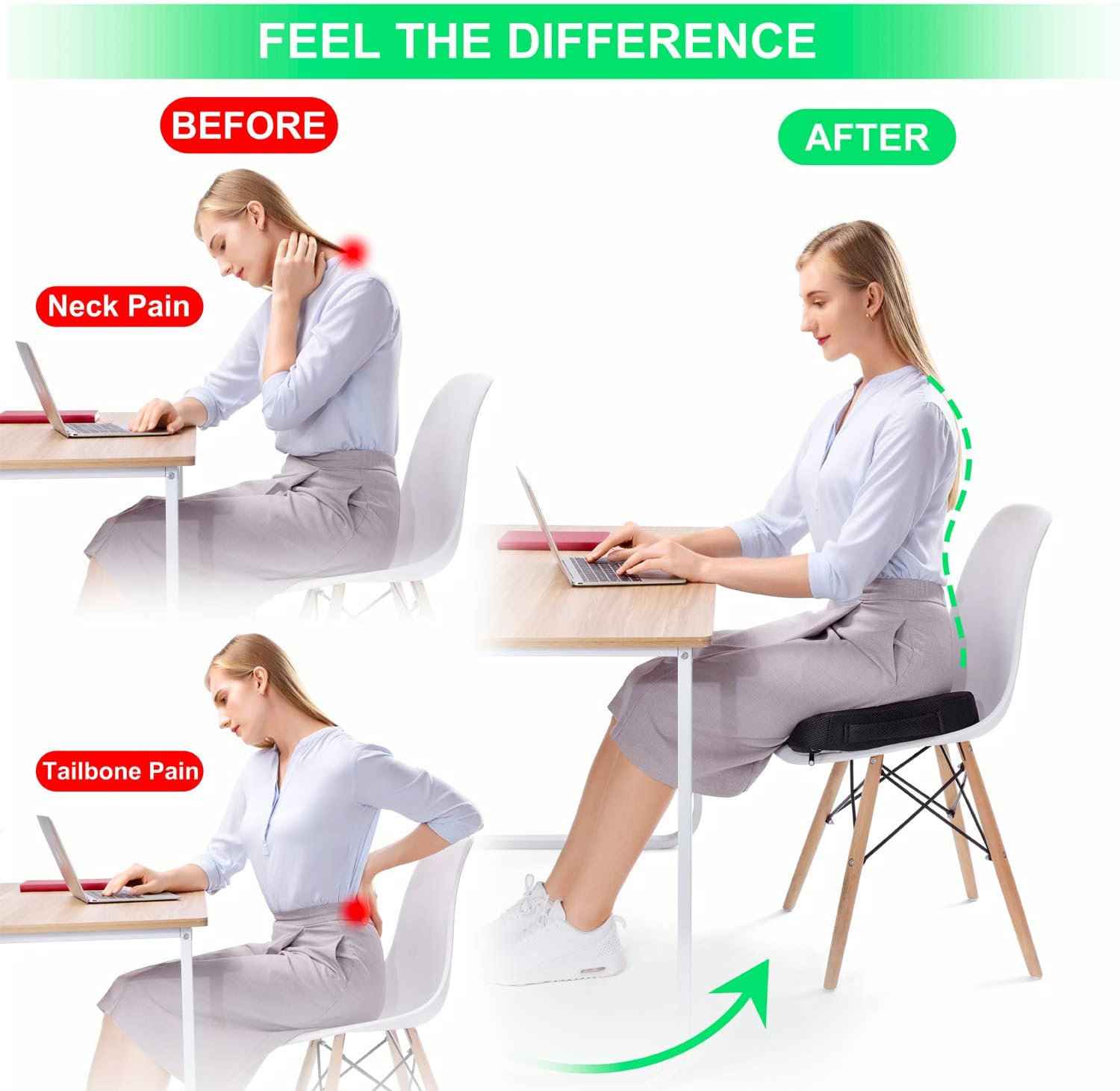 HUISILK Seat Cushion for Office Chair - 100% Pure Memory Foam Car Seat Cushion - Tailbone Pain Relief Cushion - Coccyx Orthopedic Pad - Relieves Back, Hip, Tailbone, Sciatica Pain: Home & Kitchen