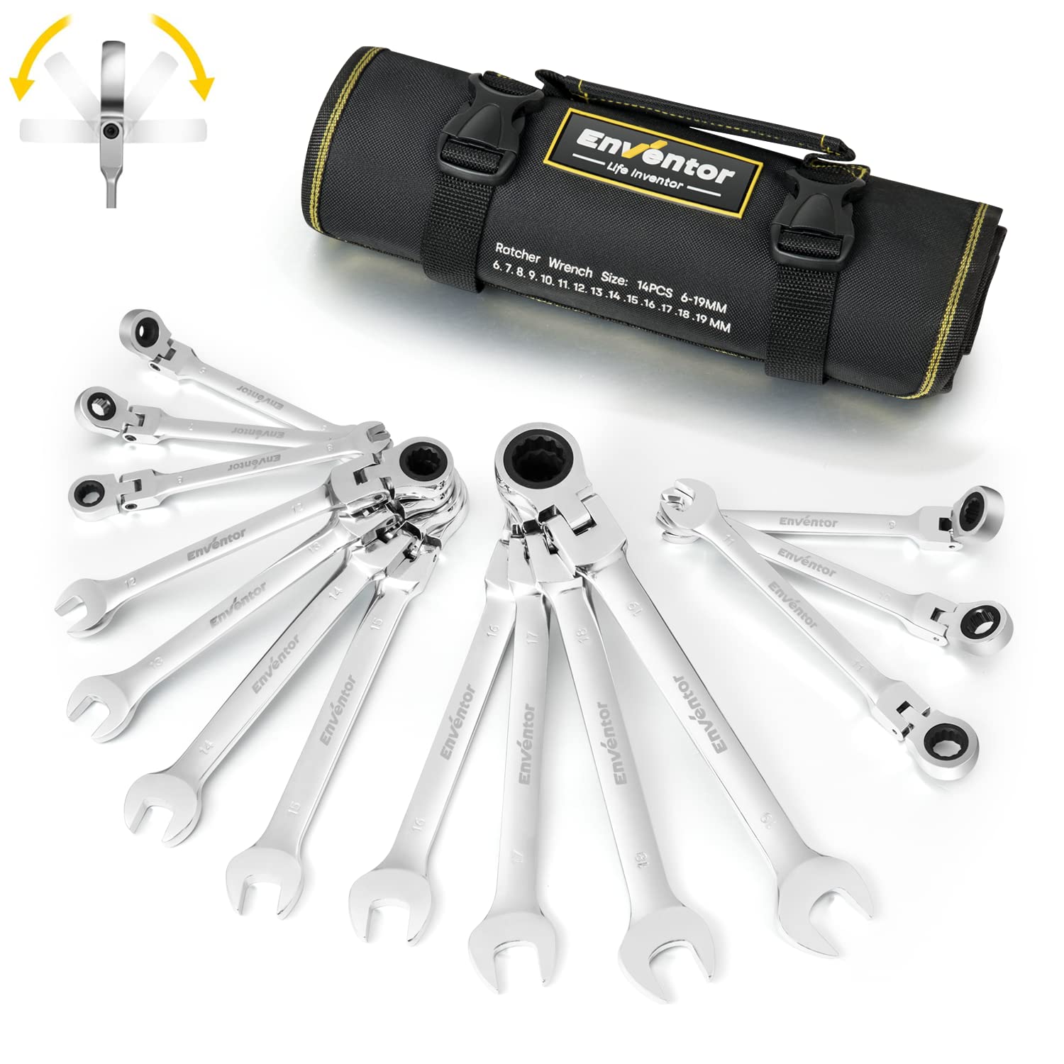 Enventor Schraubenschlüssel-Ratschenset, 14-teilig, 6-19mm, Ringmaulschlüssel, Gabelschlüssel-Ringmaul-Schlüssel-Set, 72 Zähne, 5° Schwenkbereich, Chrom-Vanadium-Stahl, Oxford-Tasche