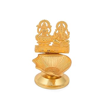 Collectible India Laxmi Ganesha Sitting Diya Deepak Decorative Lakshmi Ganesh Showpiece Metal Gold Plated Oil Lamp for Gifts Corporate Puja- Diwali Puja Gift Gifting Item