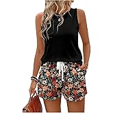 SOLY HUX Women's Plus Size 2 Piece Summer Vacation Outfits Sleeveless Tank Tops and Floral Print Shorts Set