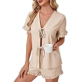 KIFOVEN Women’s Pajamas Set V Neck Short Sleeve Tie Front Top and Ruffle Shorts Pjs Set Two Pieces Lounge Wear