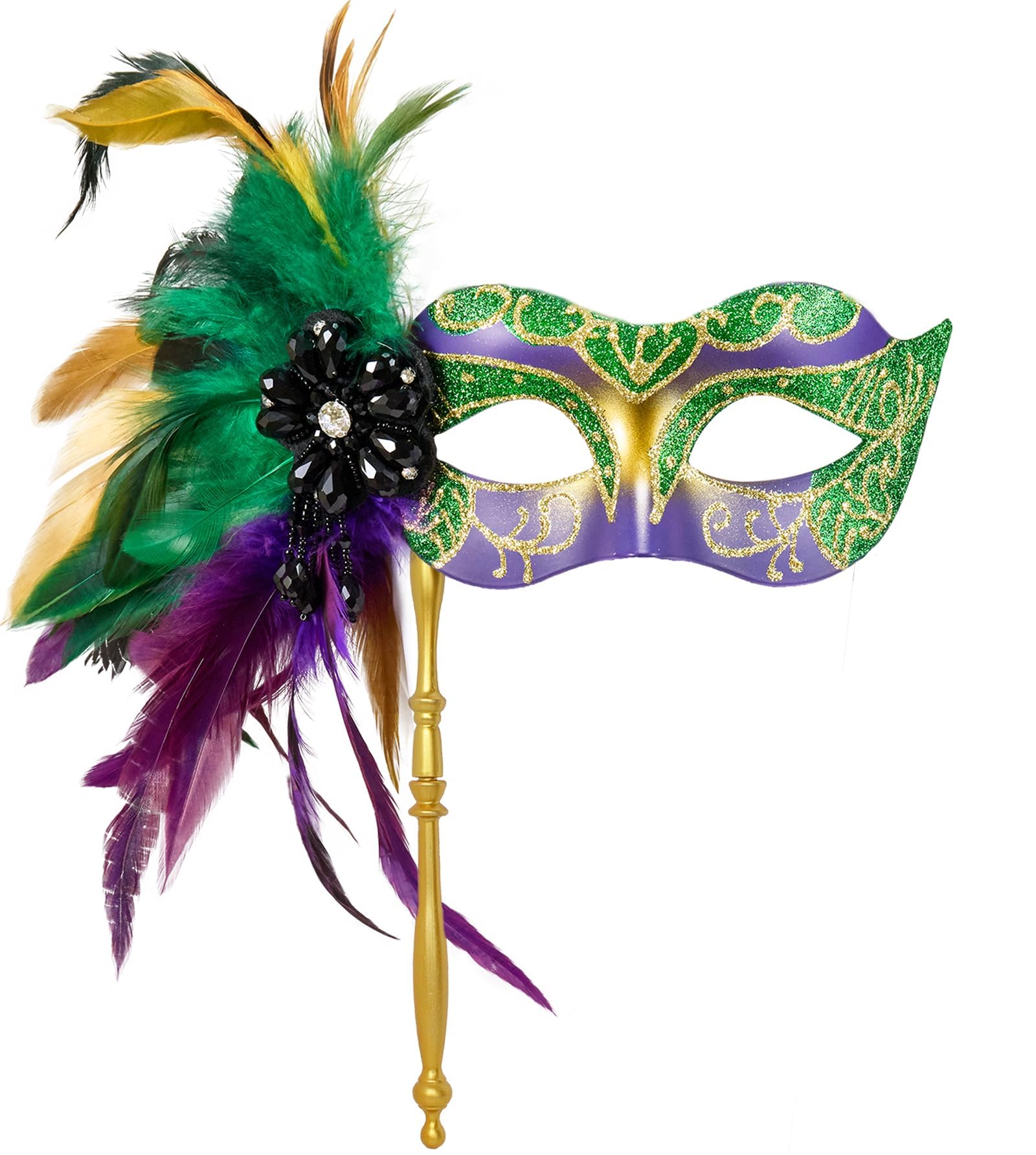 MYSEUNI 2025 New Hand Held Masquerade Mask for Women - Shiny Women's Feather Mardi Gras Venetian Mask for Carnival, Halloween Parties, Cosplay Prom, Christmas, Wedding, Bar, Costume Accessory