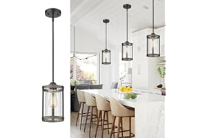 Osimir Farmhouse Pendant Light Fixtures, 1-Light Black Glass Pendant Lights for Kitchen Island, Industrial Rustic Mini Hanging Lighting with Rod, Wood Finish, Adjustable Length, OS-3014