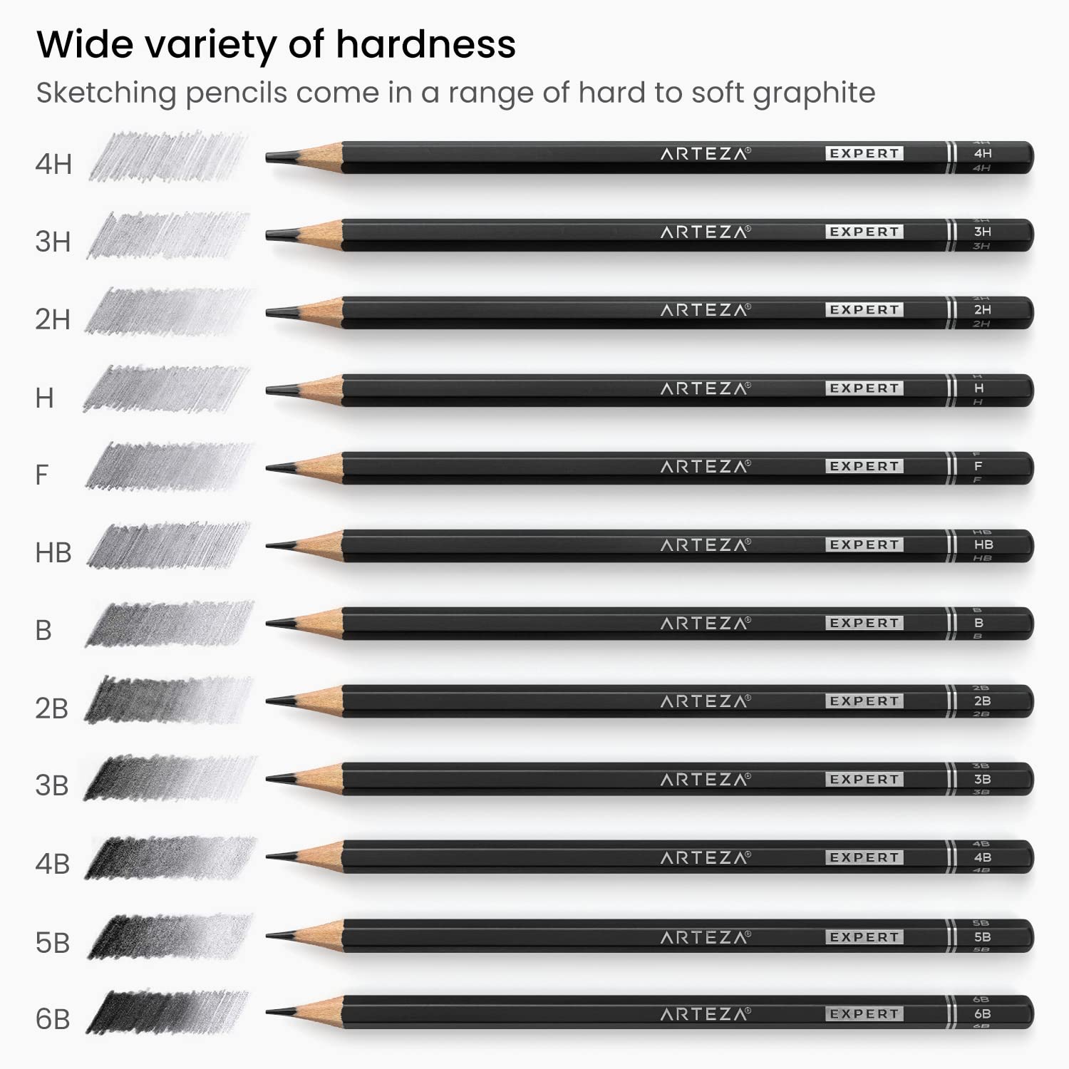 ARTEZA Drawing Sketch Pencils, Set of 12, Medium Hardness (6B - 4H), Graphite Pencils for Sketching and Drawing