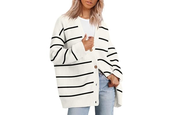 LILLUSORY Womens Open Front Lightweight Striped Cardigan Oversized Sweaters V Neck Knit Tops