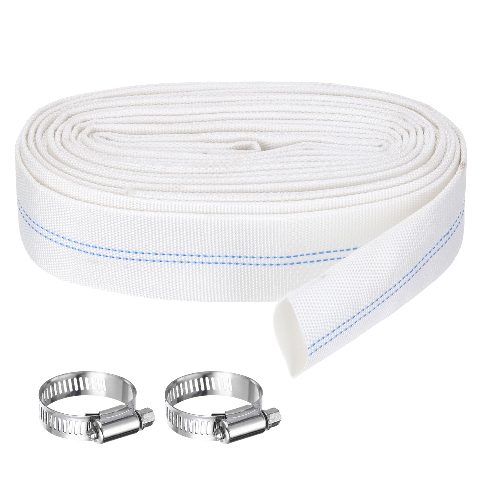 Rebower Pool Backwash Hose, 1.2 Inch x 98.4ft Reinforced Drain Hose PVC Lay Flat Water Discharge Pump Hoses for Pool Filter Swimming Pump, with 2pcs Clamps, White