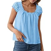 Tankaneo Womens Babydoll Tops Cap Puff Sleeve Ruffle Tank Tops Summer Scoop Neck Flowy Shirts Trendy Casual Pleated Blouse