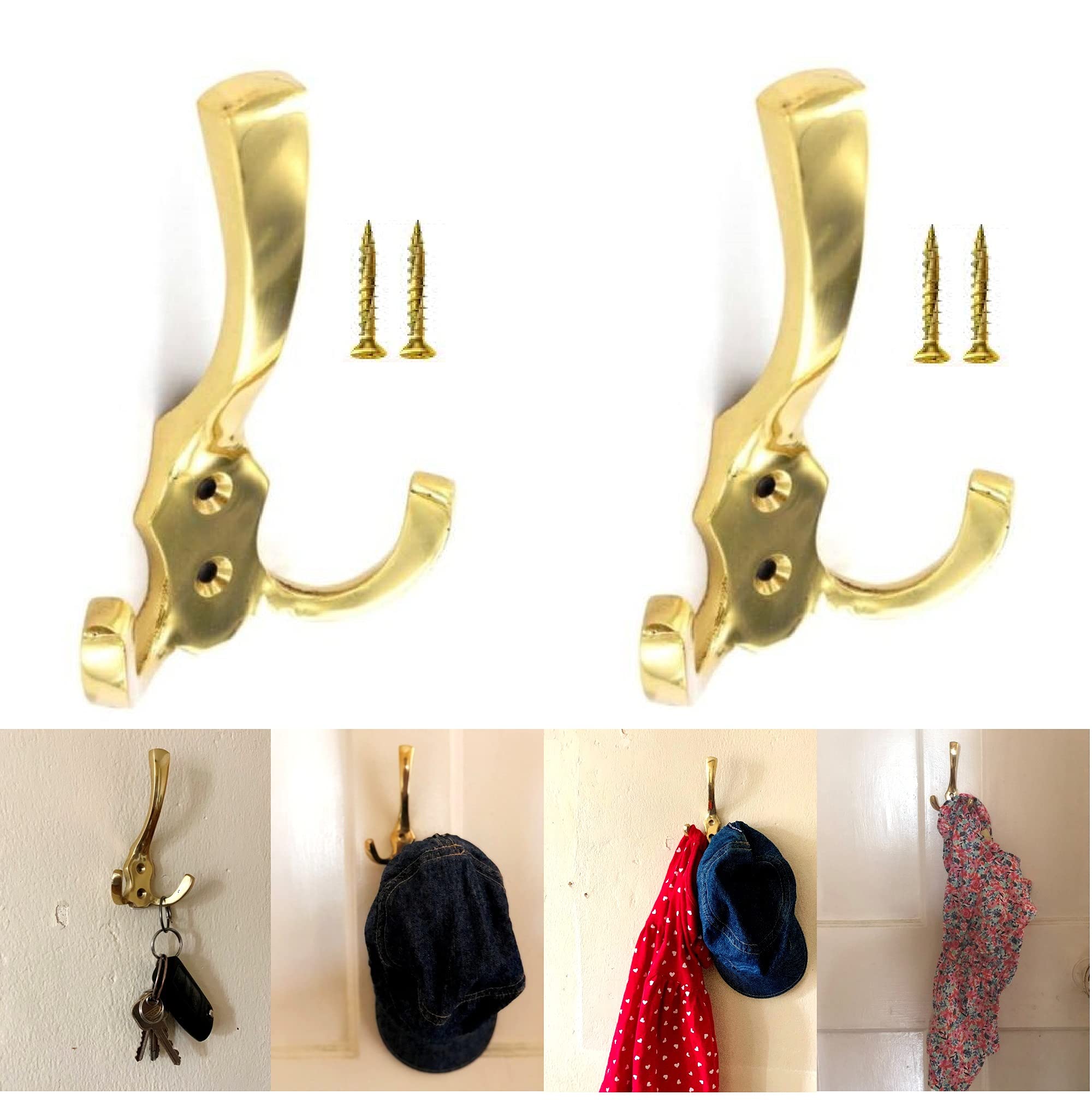 TERF® Polished Brass Triple Wall Mounted & Door Hooks Hat Coat Robe Hooks for Bathroom Bedroom Kitchen Office Door Hooks with Fixing Screw - Pack of 2