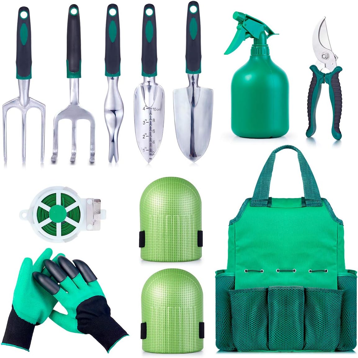 Garden Tool Set Gardening Bag Accessories 12 Pieces Kit/Home & Gardening Kneeler Pad/Stainless Steel Hand Digging Tools Pruner, Shovel, Fork, Rake, Shears, Weeder, Gloves, Water Sprayer, Plant Rope