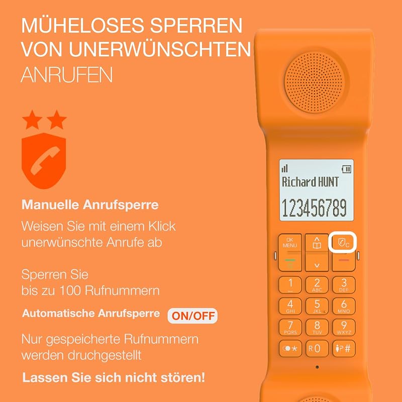 ePure Iconic - Schnurloses Festnetztelefon DECT - Vintage-Design - Großes, hochauflösendes Grafikdisplay - Freisprechfunktion - Anrufblockierungsfunktion - Orange — Foto 5 von 7