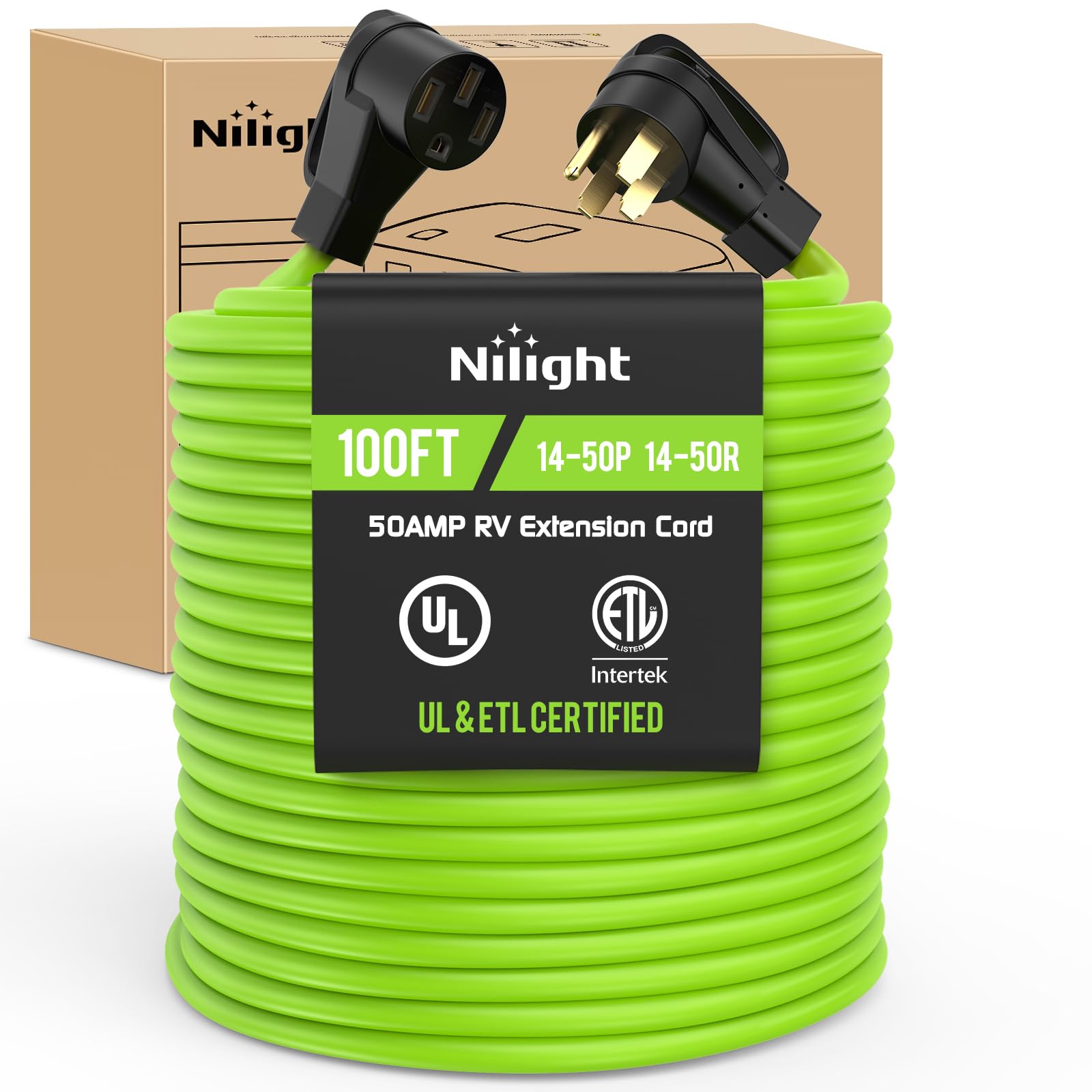 Photo 1 of Nilight 100FT 50 Amp RV Extension Cord 250V Heavy Duty 6/3+8/1 Gauge Pure Copper STW Wire UL ETL Listed 4 Prong 14-50P 14-50R Weatherproof Suit for EV Trailer Campers Bright Green