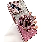 Changjia Magnetic Kickstand Glitter Case for iPhone 15 Plus, [Compatible with Magsafe] Bling Sparkly Rhinestone Diamond with Camera Protector Makeup Mirror Women Girls Case for iPhone 15 Plus (Pink)
