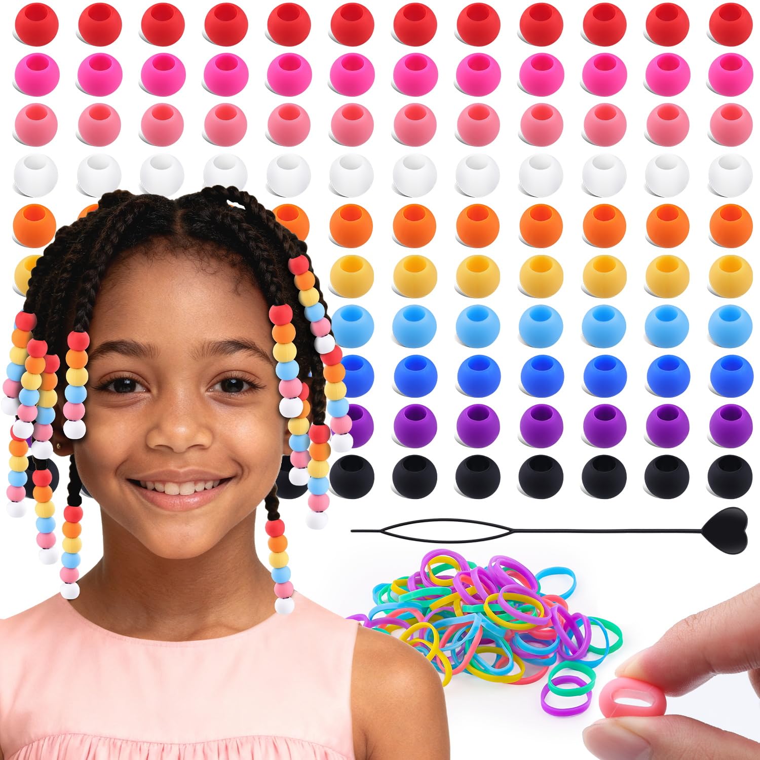 View 1 of 120Pcs 14mm Large Silicone Beads for Hair Braids, Soft Jellyish Hair Beads with 7mm Hole + 50 Rubber Bands and 1 Beader for Braiding, DIY Bracelets Necklaces Crafts (Multicolors)