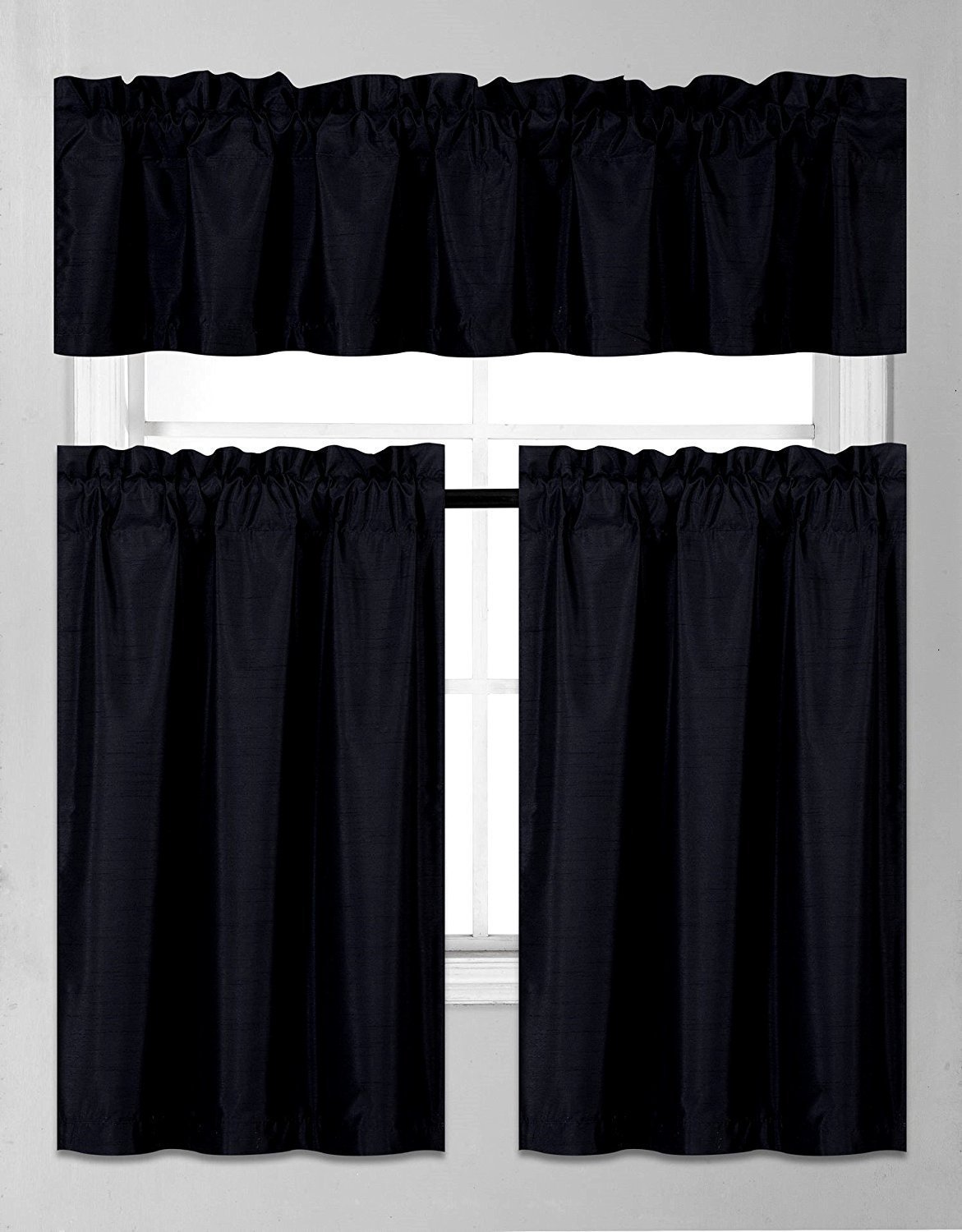 Fancy Collection 3 Piece Faux Silk Blackout Kitchen Curtain Set - Tier Curtains and Valance - Solid Black Window Drapes with Thermal Backing