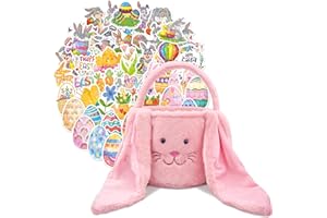 MUIMRAY Easter Bunny Basket for Kids, DIY Easter Basket with 50PCS Easter Stickers Pack for Boys Girls, Easter Gifts Egg Hunting Big Ear Plush Easter Bags (Pink)