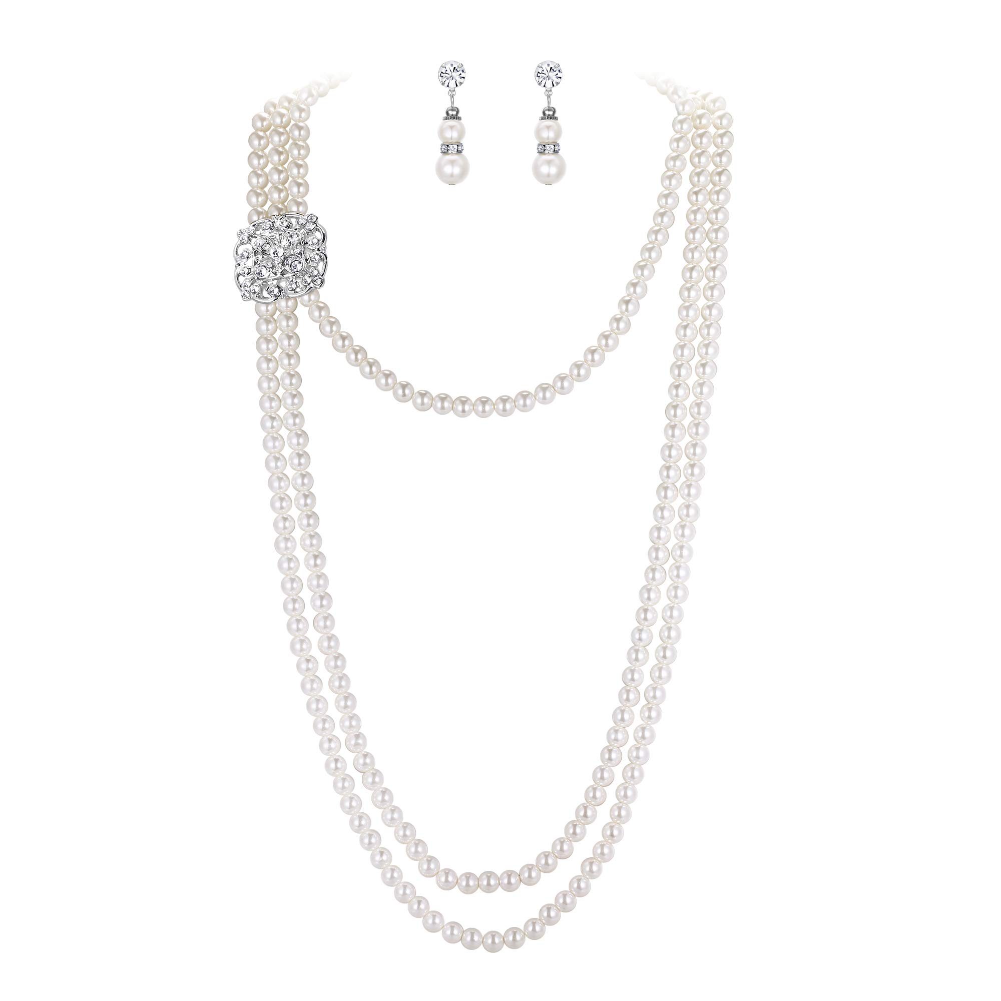 Ever Faith Women's Crystal Cream Simulated Pearl Vintage Wedding Floral 3 Strands Necklace Earrings Set