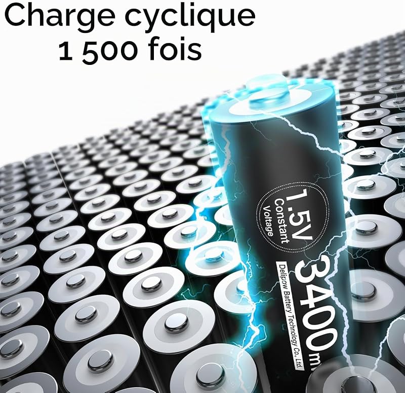 Pile Rechargeable AA Lithium 1,5 V 3400mWh Haute capacité, Pile AA Rechargeable avec Chargeur Lot de 8 1500 Cycles — photo 2 sur 7