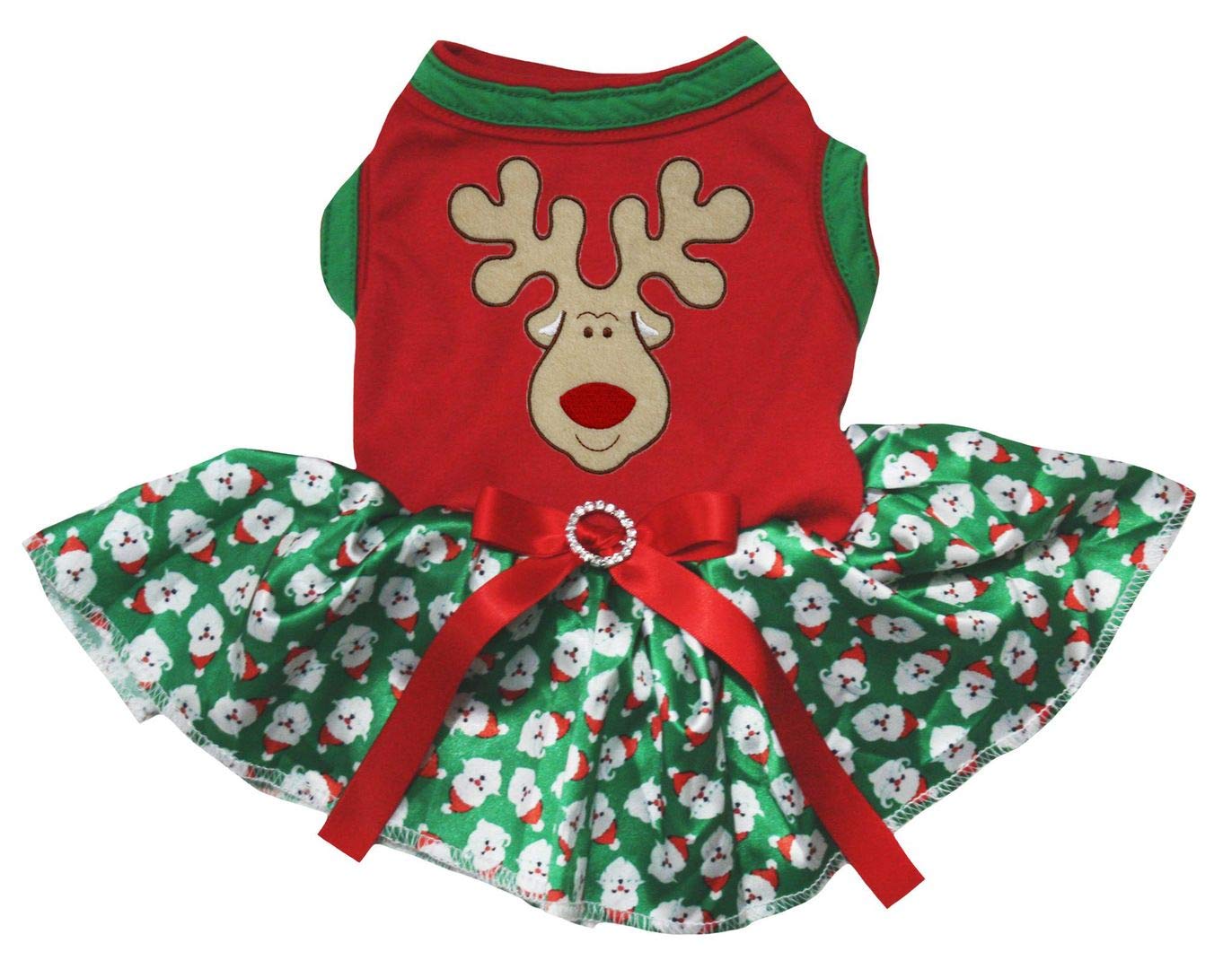 Petitebella Reindeer Face Cotton Shirt Tutu Dog Outfits Puppy Dress (Red/Green Santas, Large)