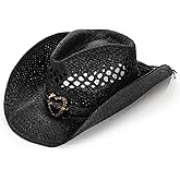 ZAVOOS Straw Cowboy Hat, Western Style Summer Coastal Cowgirl Hat with Heart Band, Wide Shapeable Brim, Vacation Beach Sun Hat for Party, Halloween Costumes Black